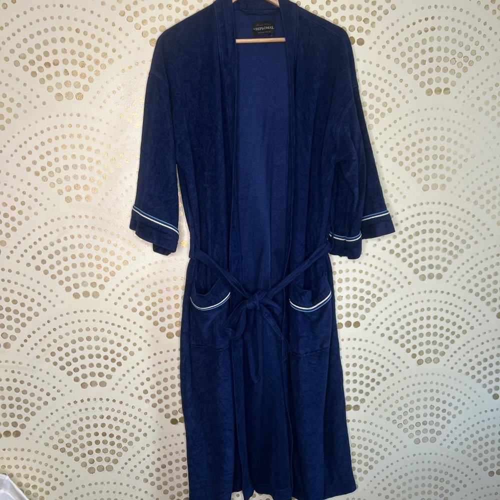 VINTAGE Men's‎ Navy Belted Diplomat Retro Stripe Lounge Bath Robe One size S,M,L